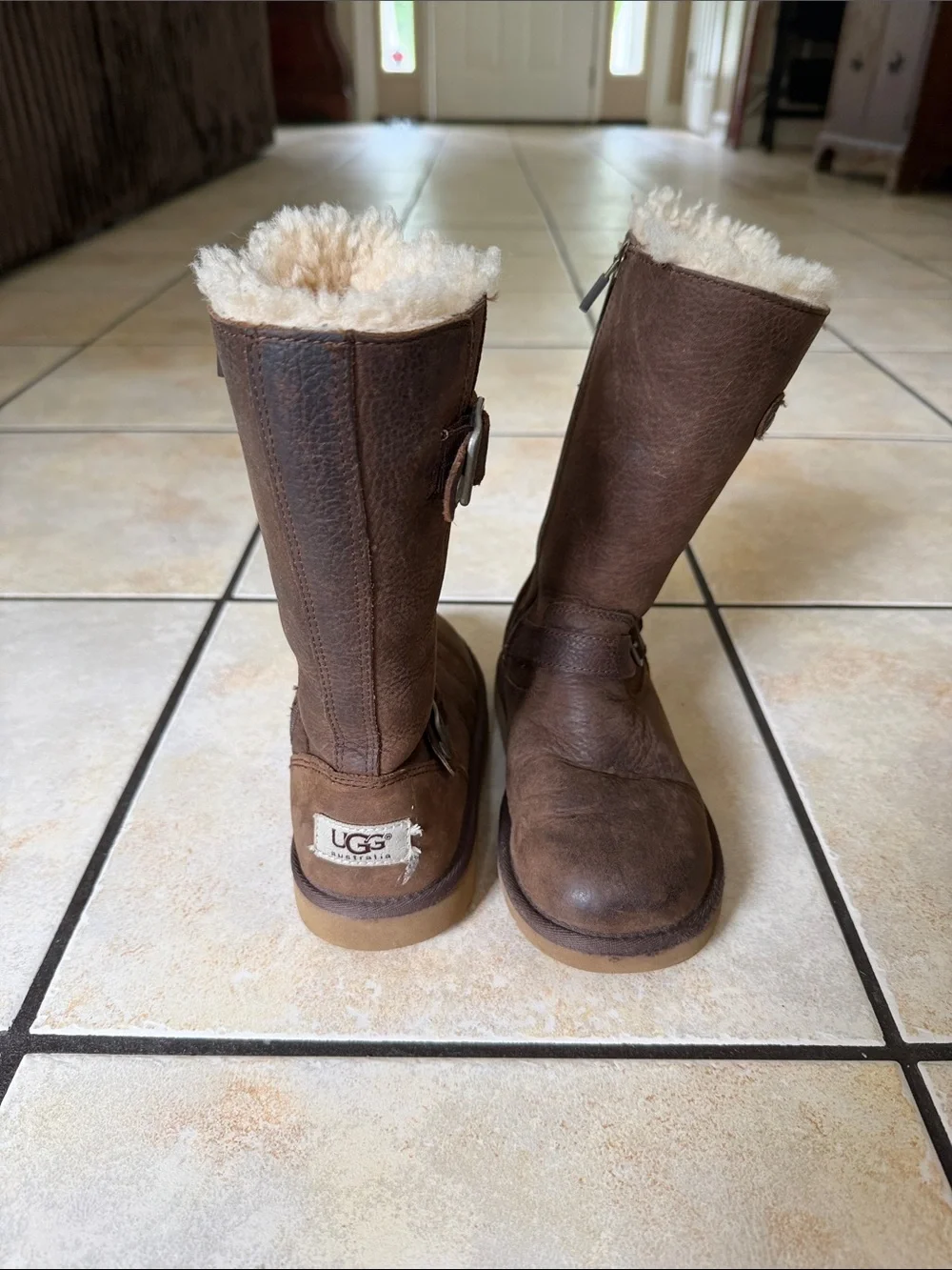 UGG Kids Brown Leather Shearling-Lined Tall Boots